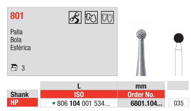 Fresas diamantadas Fig. 6801 Grano Grueso Bola HP 3u Edenta