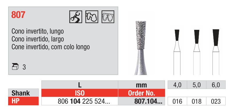 Fresas diamantadas Fig. 807 Grano Medio Cono invertido largo HP 3u EDENTA