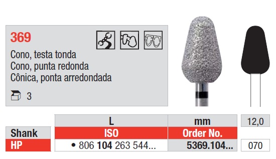 Fresas diamantadas Fig. 369 Grano Super Grueso Cono punta redonda HP 1u Edenta