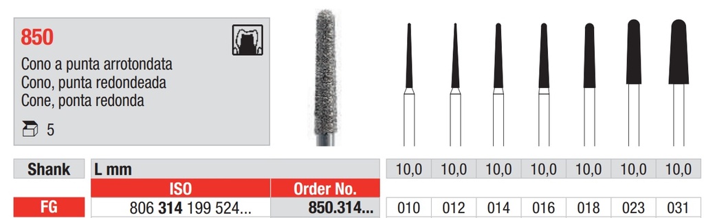 Fresas diamantadas Fig. 850 Grano medio Cono punta redonda FG 5u EDENTA